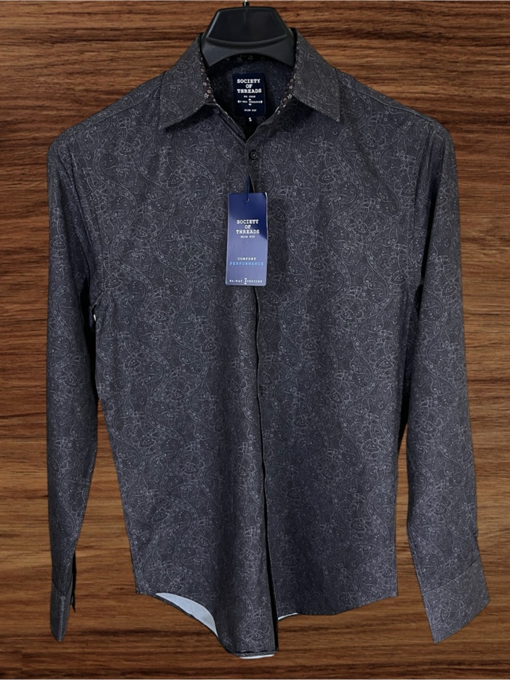 Society of Threads Black/Gray Paisley Dress Shirt. 4-Way Stretch. Slim, Small.